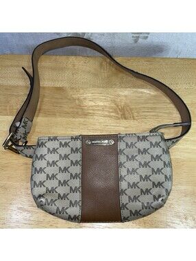Michael Kors MK Logo Brown Tan Belt Bag Fanny Pack Purse Size M/L SLD